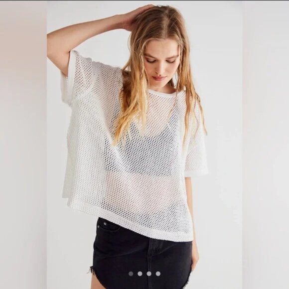 Free People We The Free Sonnet Tee Crochet Mesh Dropped Shoulder Top S - Picture 3 of 8
